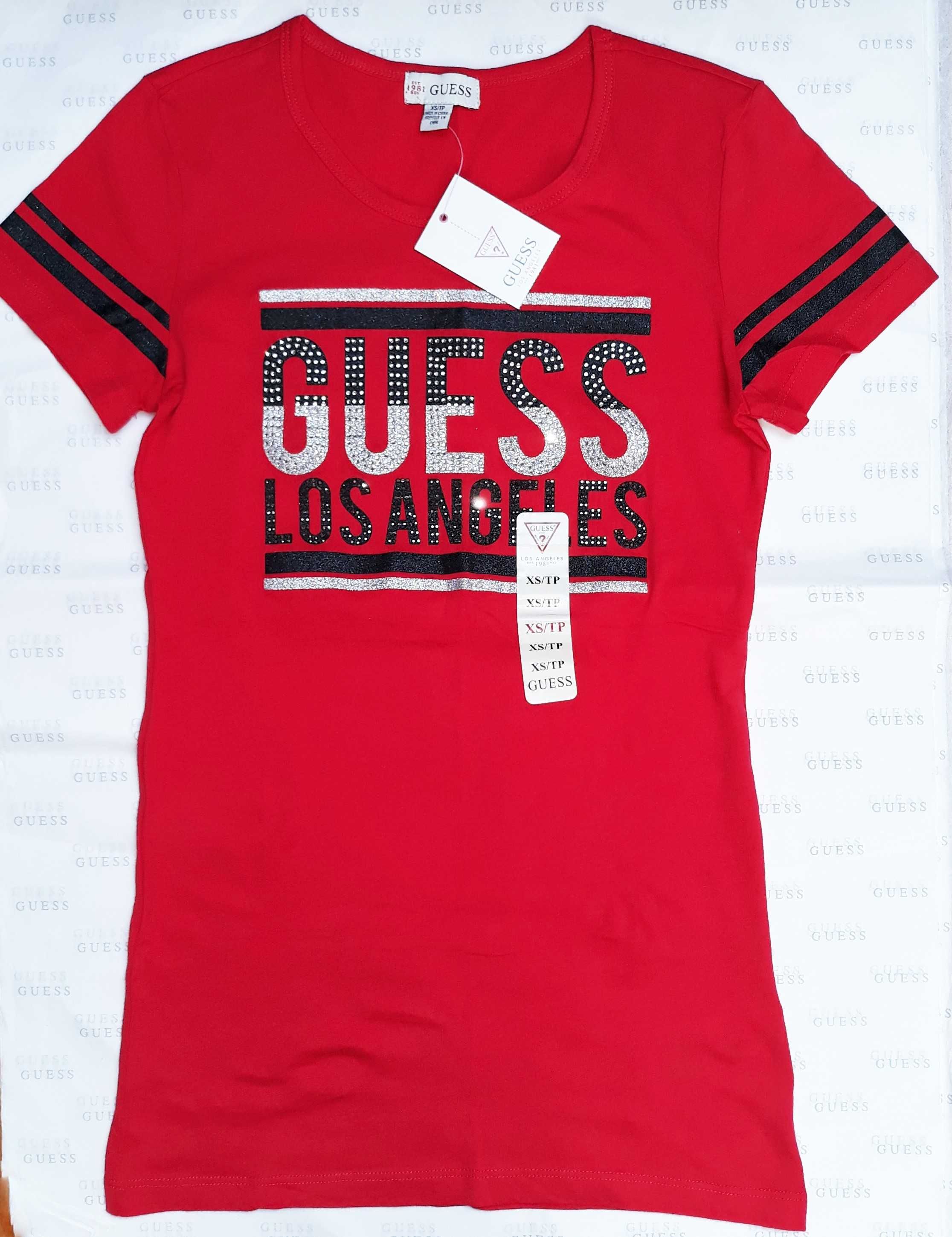GUESS Oryginalna! Koszulka T-Shirt Bluzka Czerwona Brokat Metallic