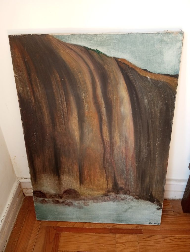 Bonita tela pintada á mão 70x50cm motivo natureza rochedo com cascatas