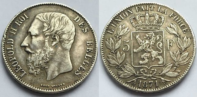 Moneta Belgia - 5 FRANCS - LEOPOLD II 1871 srebro