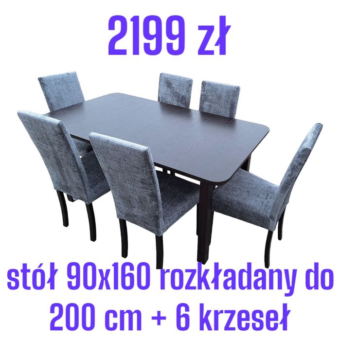 Stół 90x160/200 + 6 krzeseł, NOWE, Kolor do wyboru, dostawa cała PL