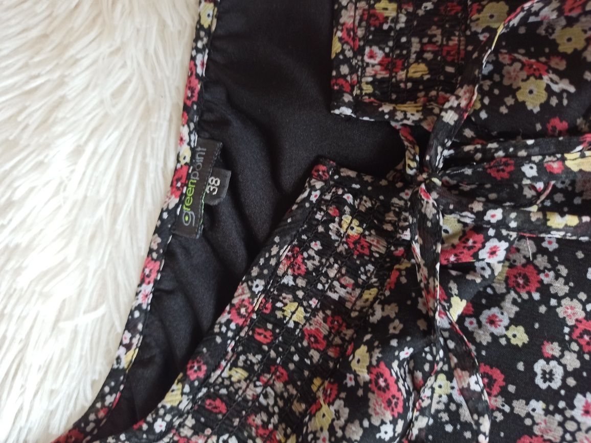 Czarna bluzka w kwiaty Greenpoint 38/M lekka zwiewna wiosenna rękaw 3/
