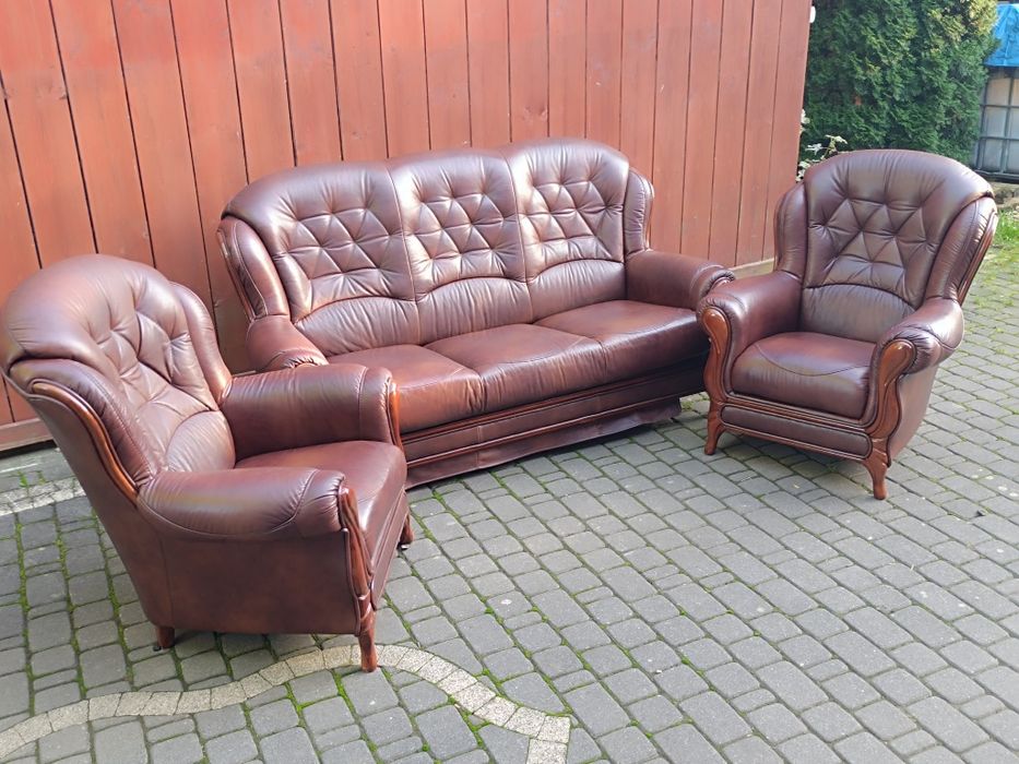 Komplet skórzany 3+1+1, sofa i fotele, styl Ludwikowski, skóra natural