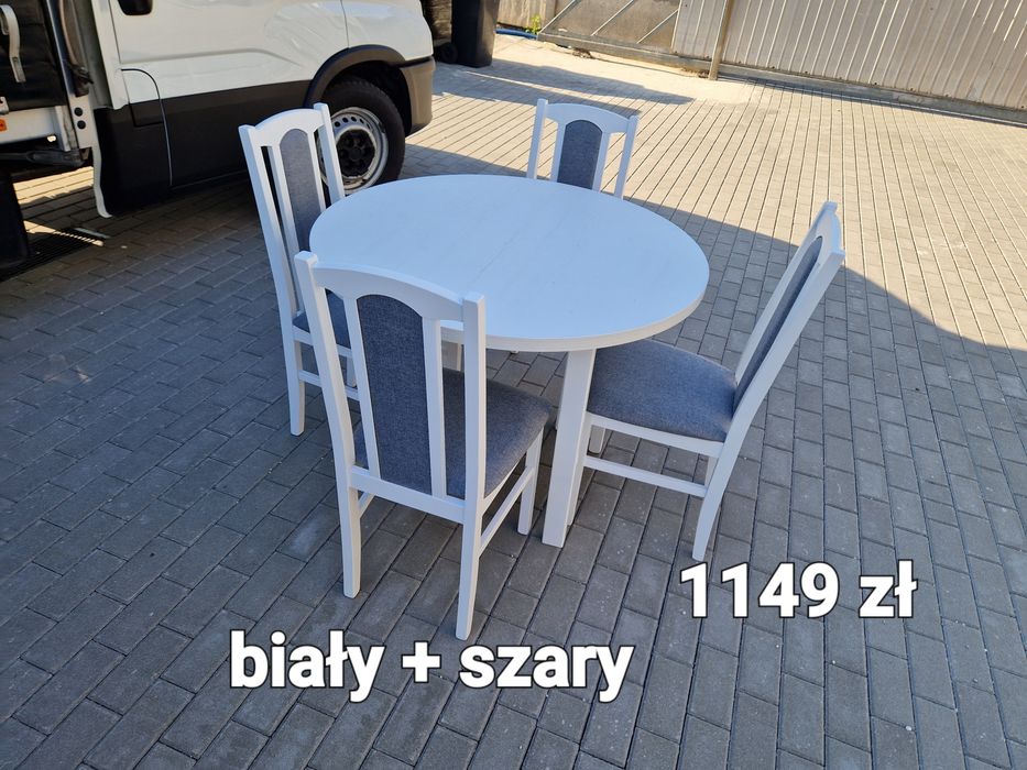 Nowe: Stół okrągły + 4 krzesła, biały + szary, transport cała PL