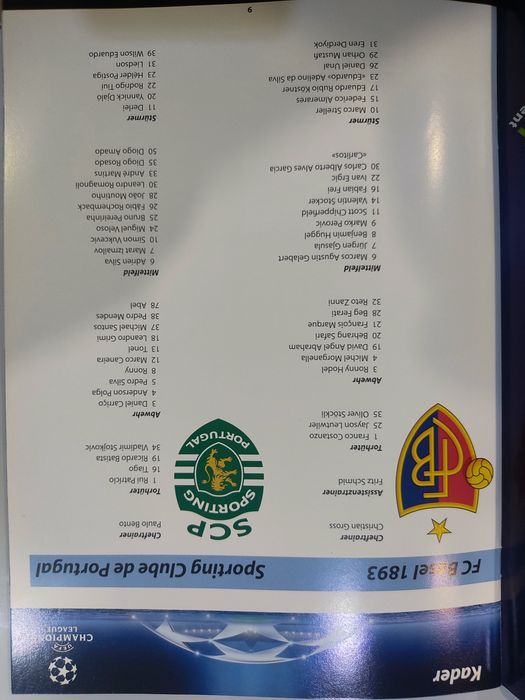 Programa oficial Basileia Sporting liga dos campeões 2008/ 2009