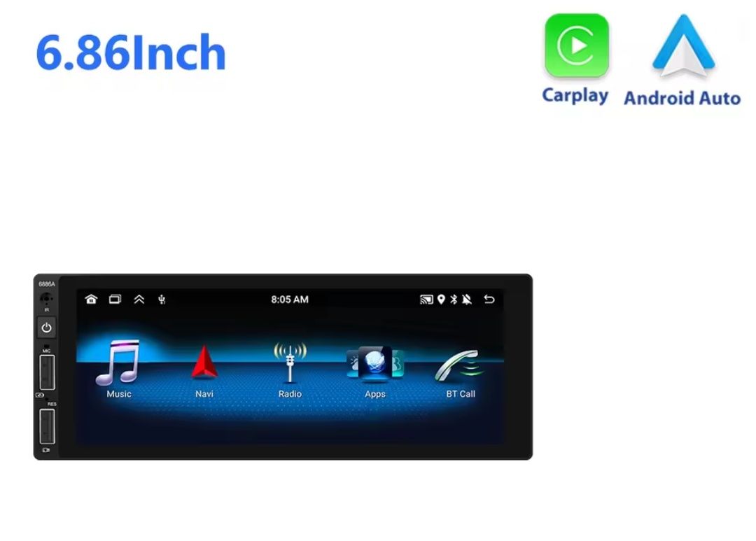 Rádio 1 DIN Android 13 ecrã 6.8" + Carplay + RDS + GPS