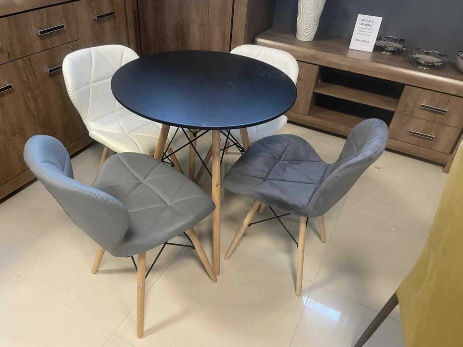 (41wn) Stół skandynawski okrągły + 4 krzesła, wyprzedaż 249 zł