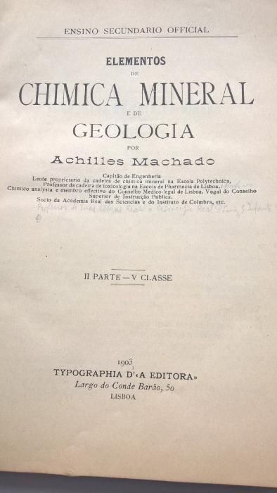 Elementos de Chimica e de Geologia de Achilles Machado, edição de 1903