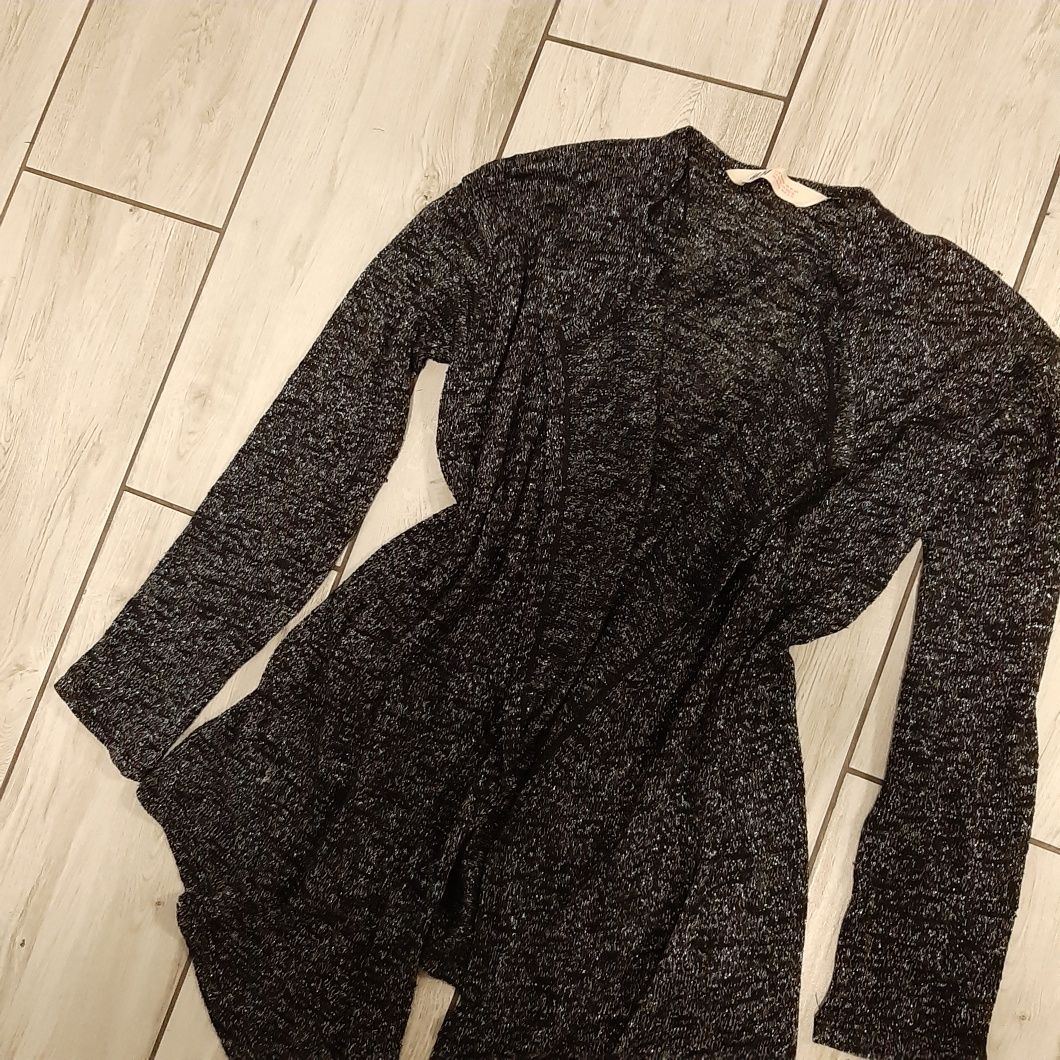 Asymetryczny sweter kardigan długi rękaw szary brokatowy 146/152