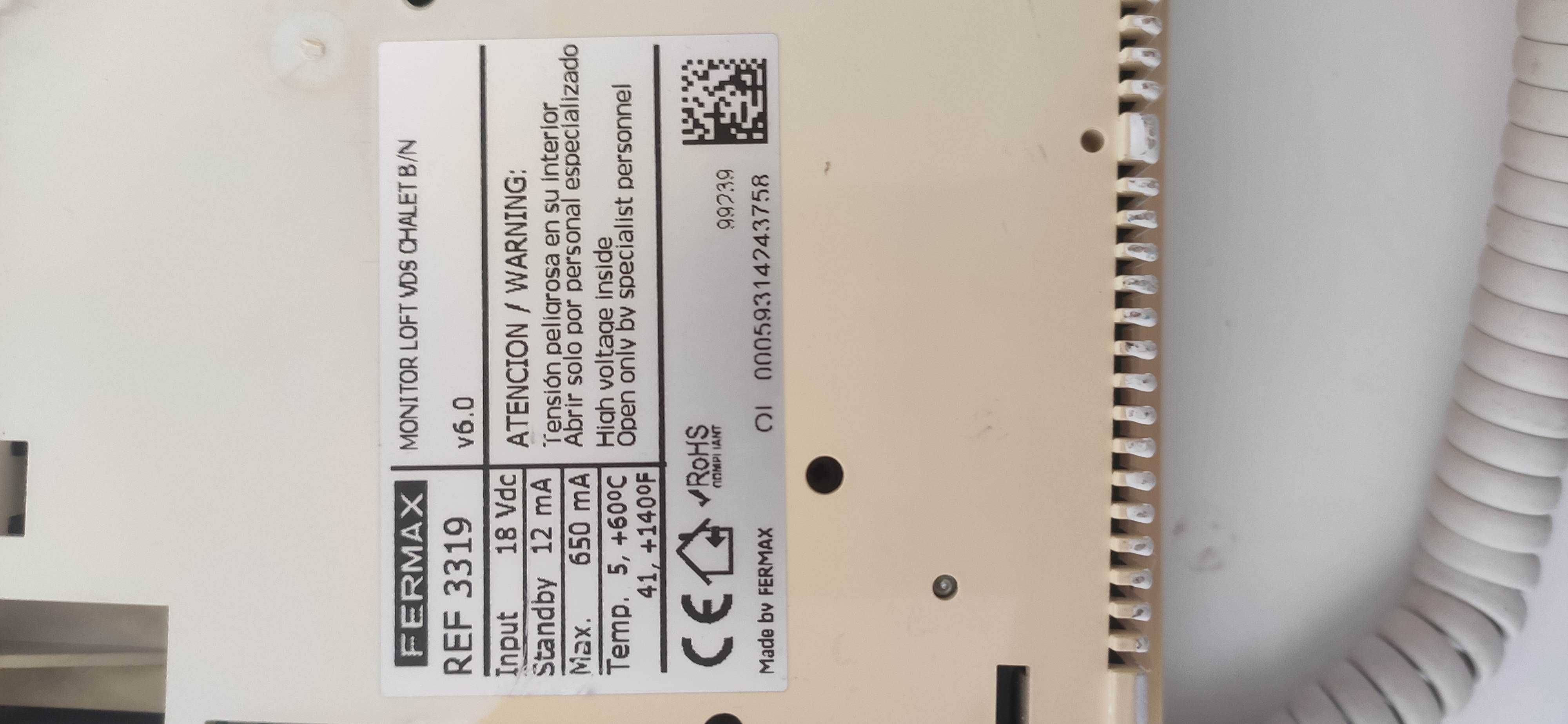 Vídeo porteiro fermax 3319 monitor