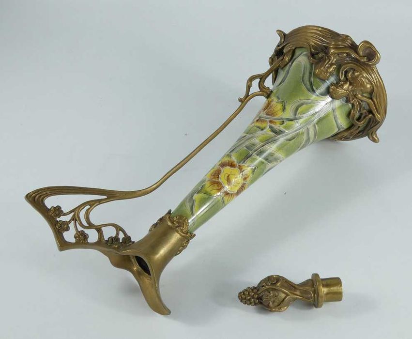 KARAFKA porcelana + BRĄZ secesja dzban kwiat sygnowana