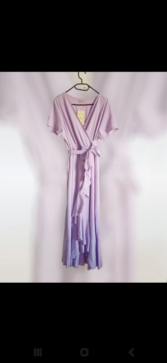 sukienka liliowa kopertowa z wiązaniem midi/maxi falbana rozcięcie