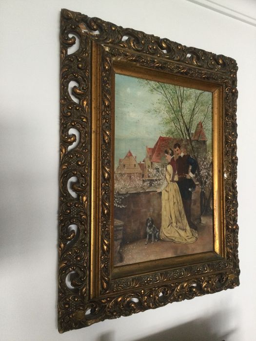 Pintura óleo assinada Brehm e datada 1903 talha dourada 58 cm
