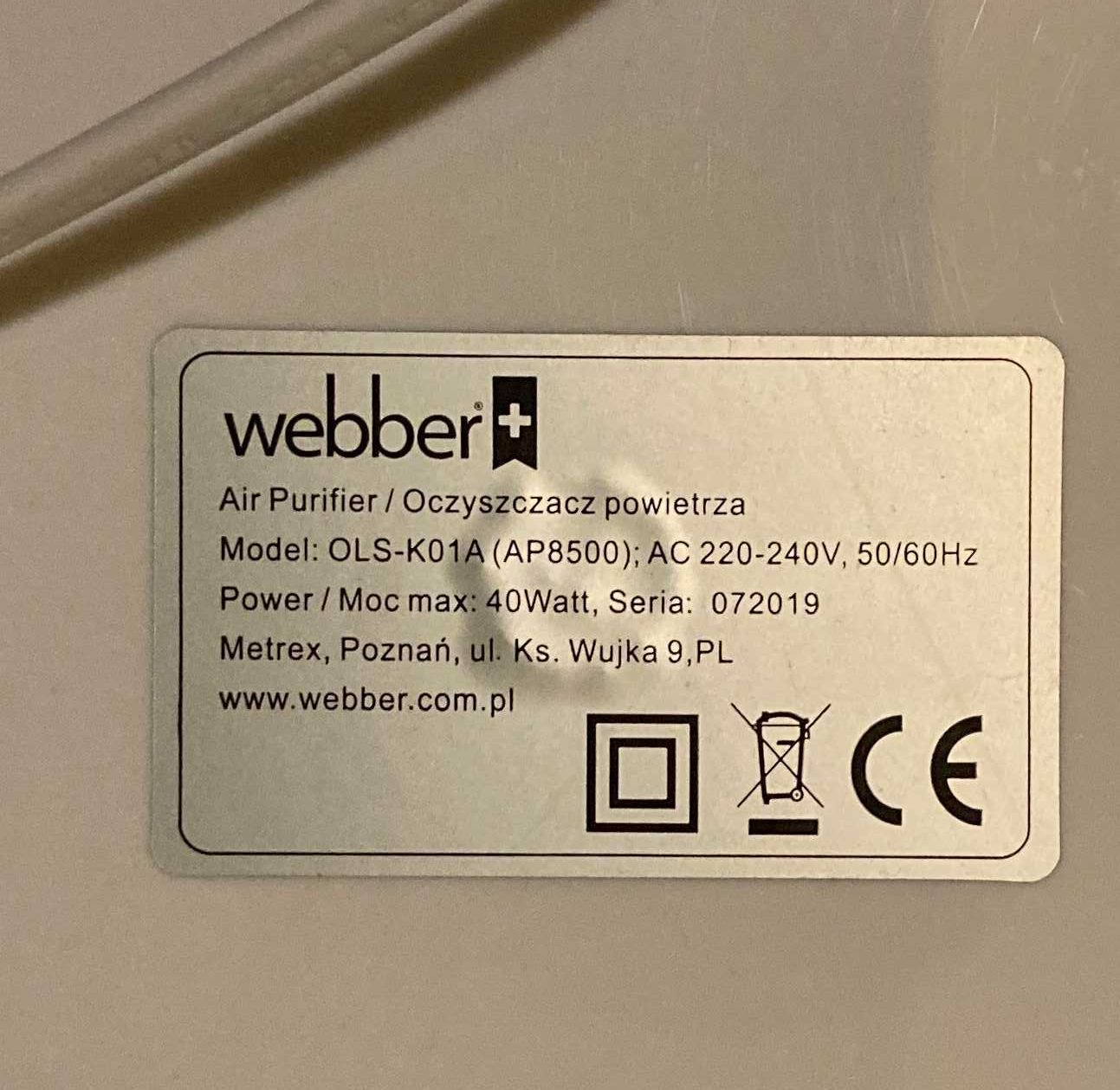 Oczyszczacz powietrza WEBBER + typ OLS-K01A
