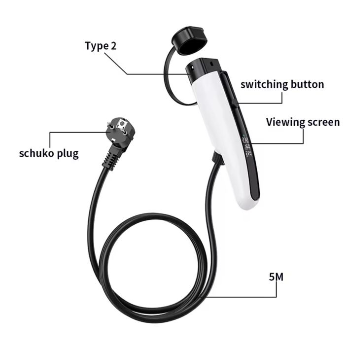 Зарядное Type 2 , 8-16A  5м кабель, блок встроен в пистолет.