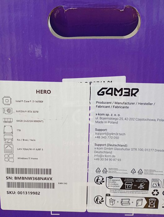 Komputer g4m3r hero i7- 14700f/64gb/1tb/rtx5070/w11x