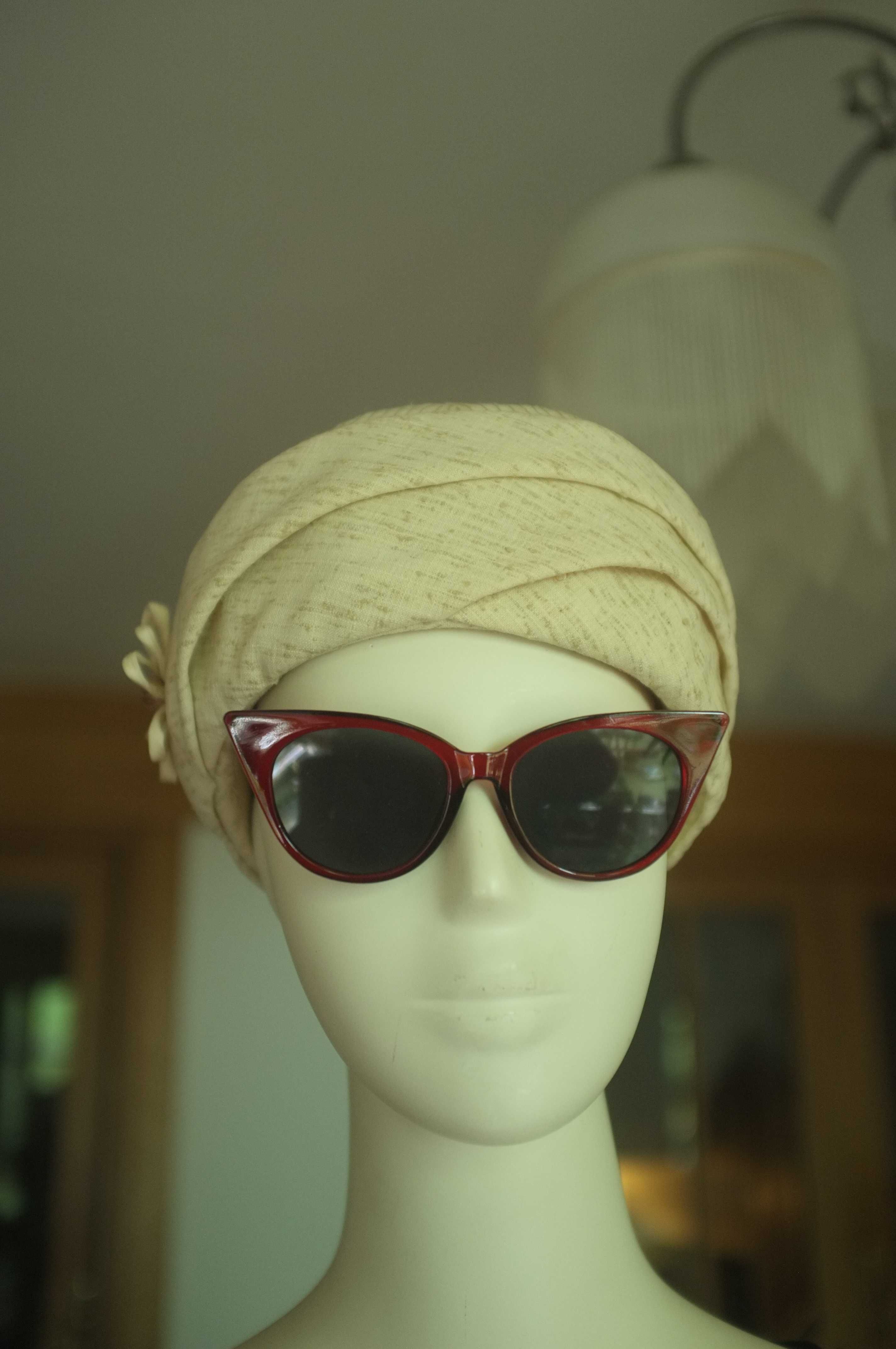 jasny kremowy turban toczek letni real vintage od modystki ecru retro