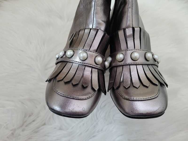 Srebrne botki / buty z perełkami, na obcasie słupku / Primark, 37