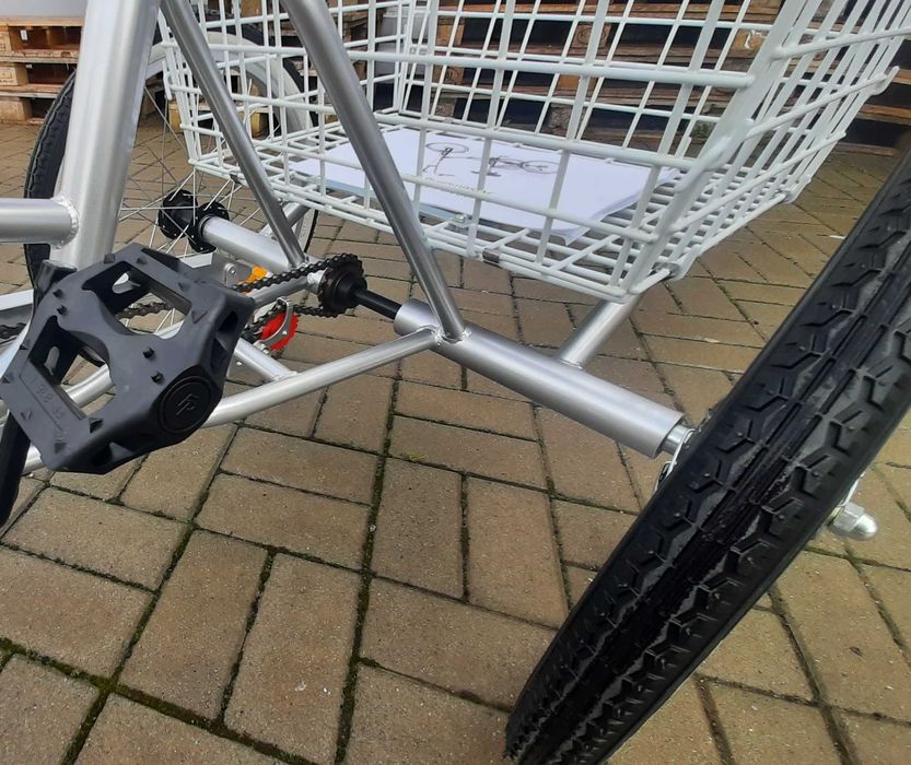 Rower rowerek trzy kołowy rehabilitacyjny srebrny składany duży