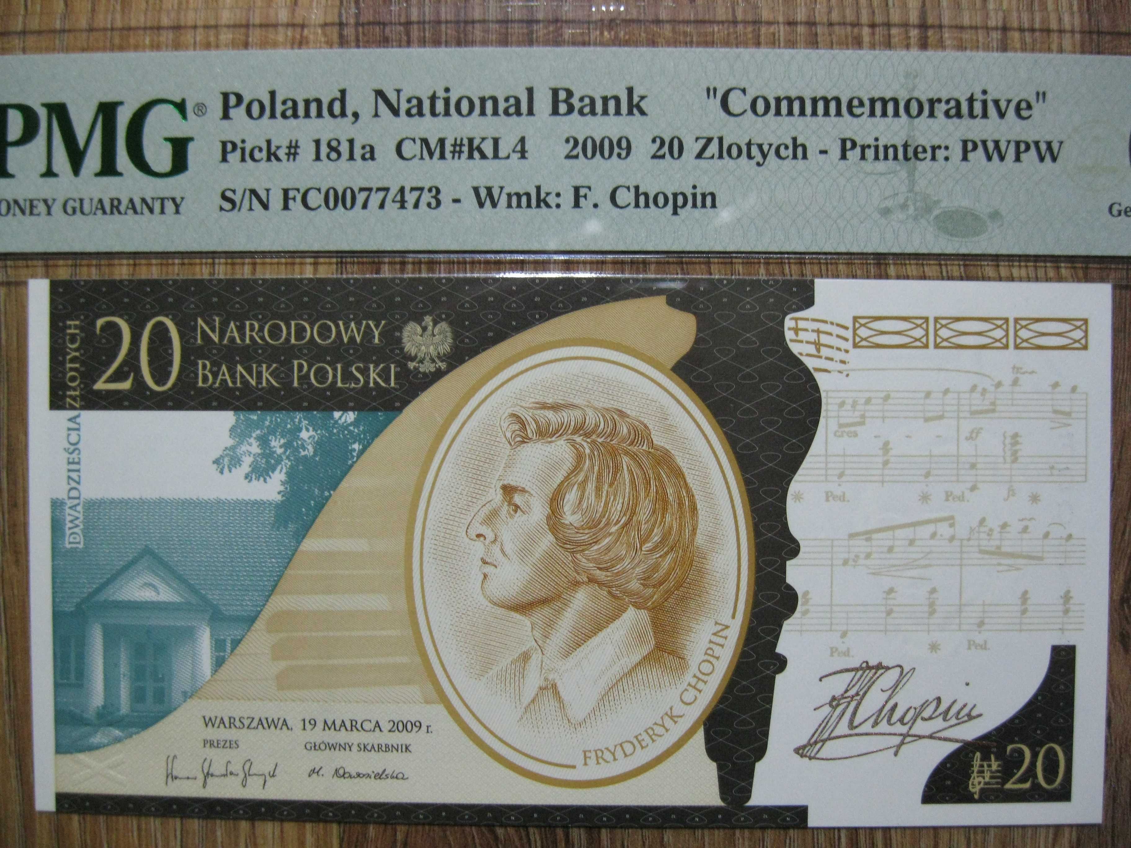 Banknot kolekcjonerski 20 złotych 2009 rok Fryderyk Chopin PMG 66 UNC