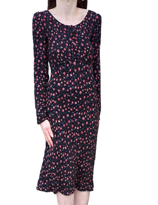 32 34 Sukienka midi czarna w kwiatuszki różyczki guziki Ghost London