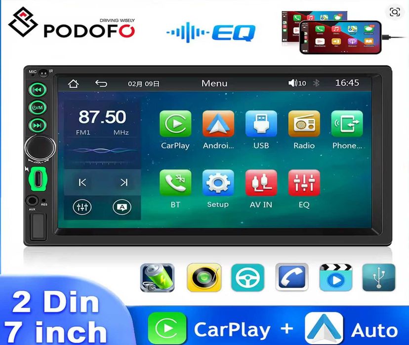Магнітола 2 DIN Podofo 7 дюймів CARPLAY ANDROID AUTO