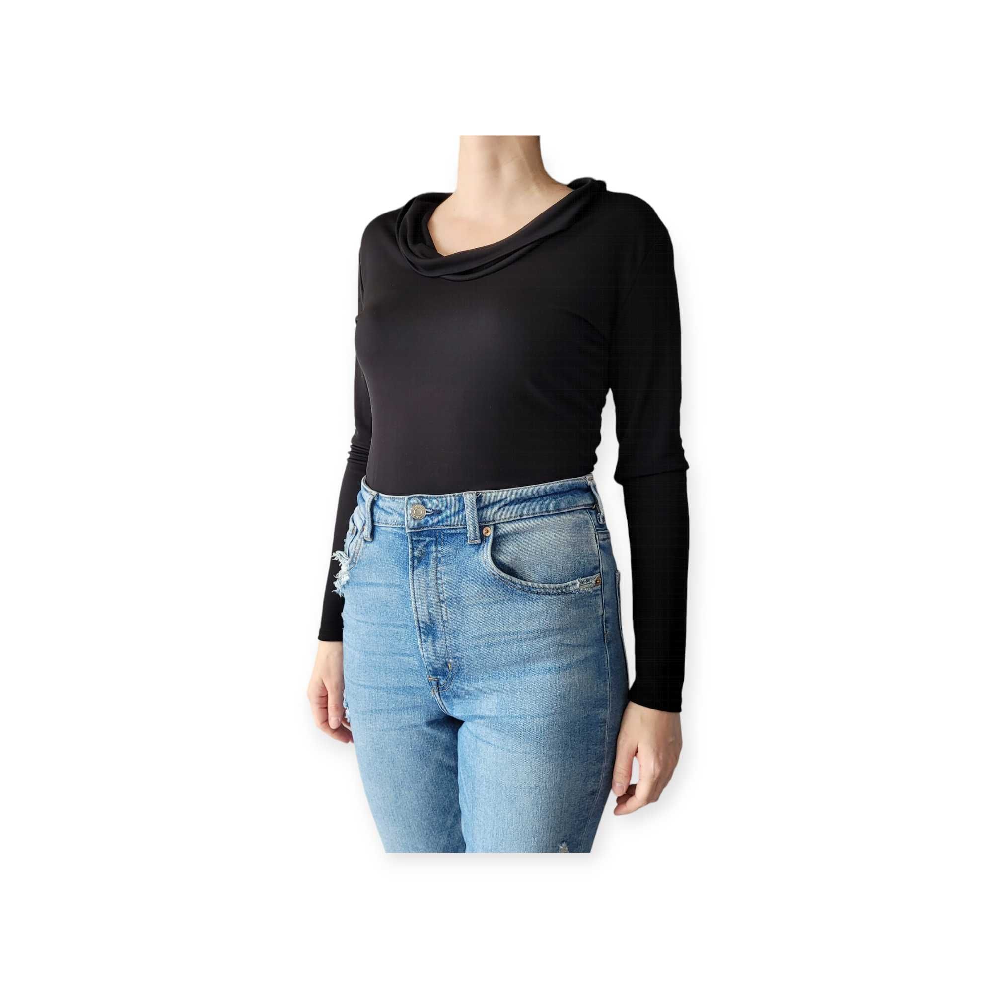 Czarna damska bluzka M dekolt woda top casual minimalistyczna prosta