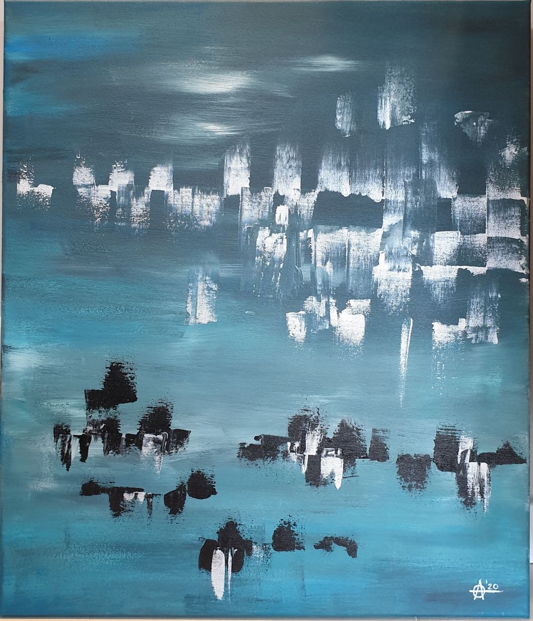 Obraz abstrakcyjny akrylowy, abstrakcja, "Miasto we mgle " 60x70 cm