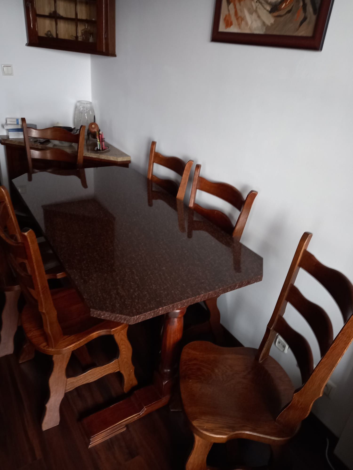 Stół dębowy z granitowym blatem 6 krzesł/solidny lite drewno/dom taras
