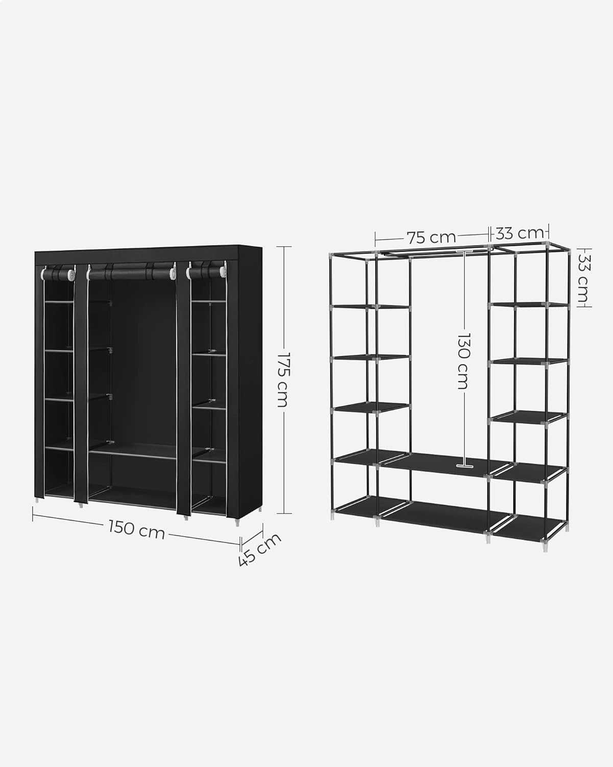 SONGMICS LSF03H szafa na ubrania z drążkiem, 150 x 45 x 175 cm, czarna