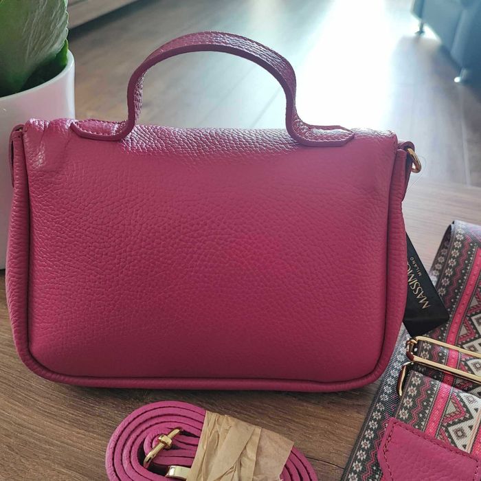 Torebka kuferek fuksja skóra naturalna Massimo Contti motylek NOWA