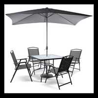 Zestaw ogrodowy stół, 4 krzesła, parasol, Antracyt, Składane. Jakość!