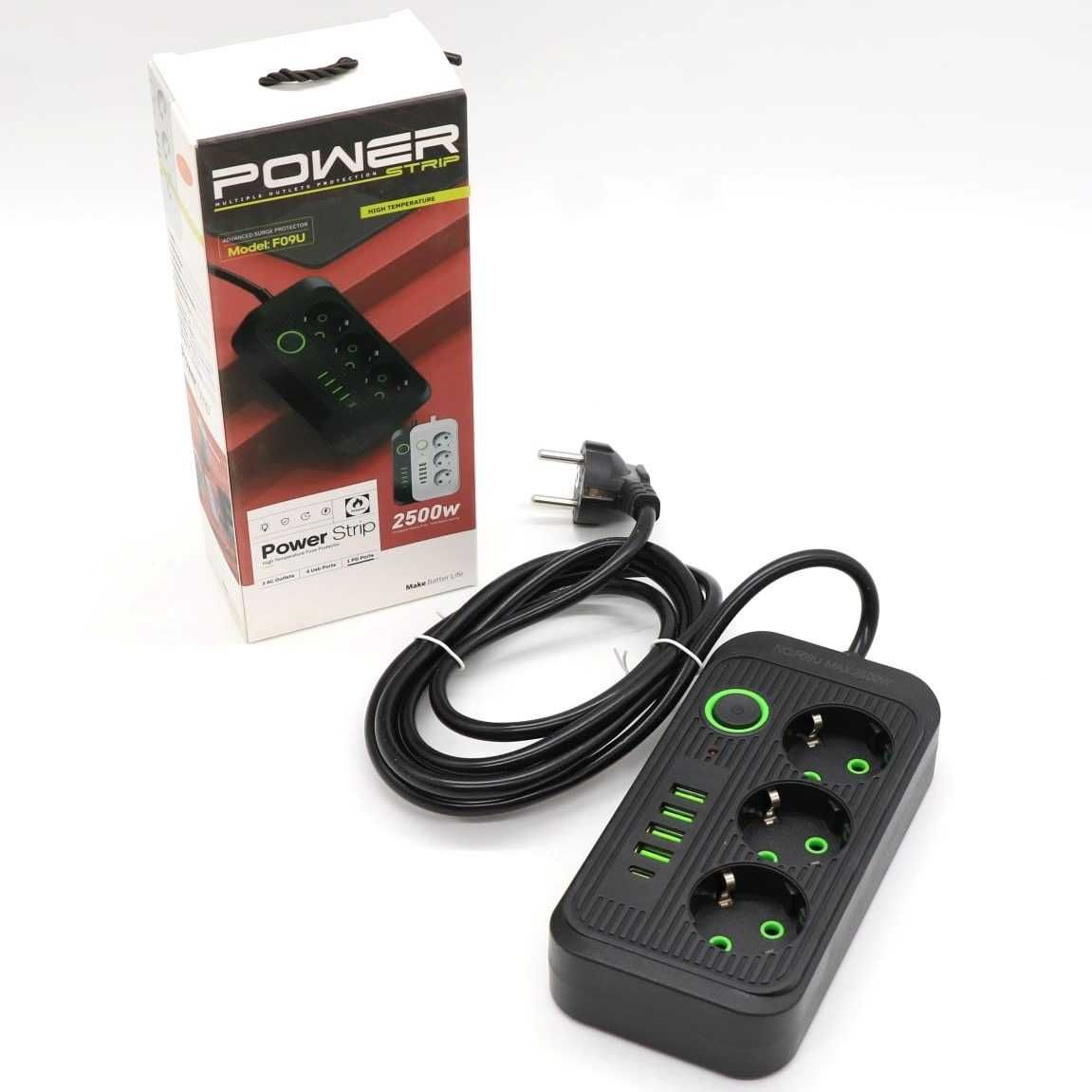 Удлинитель Сетевой фильтр 2500Вт, 2м, (3×220В + 4×USB + 1×Type-C)