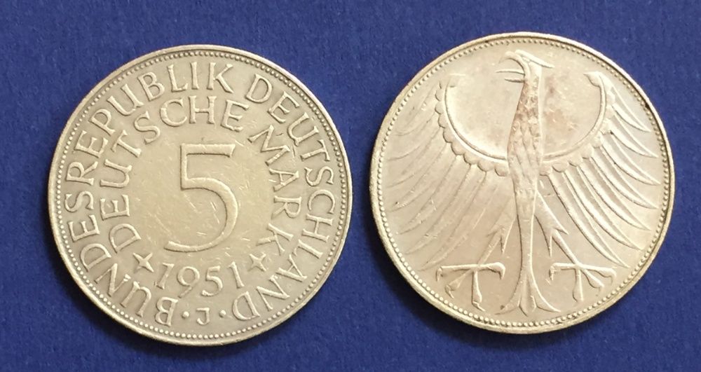 2 moedas 5 Marcos - Alemanha - 1951-J e 1971-G, prata