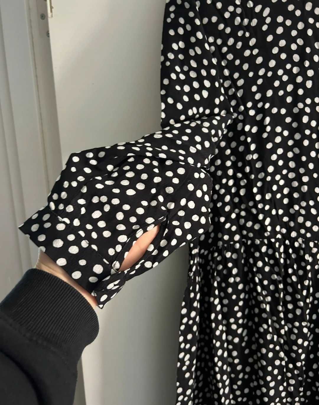 Zara czarna maxi MIDI sukienka w grochy kropki falbany wiskoza S