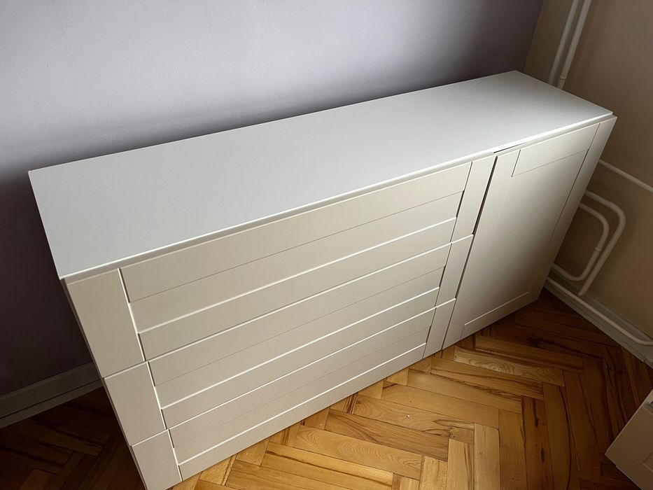 Zestaw mebli do salonu, biało-kremowe, komoda, witryna, szafka RTV