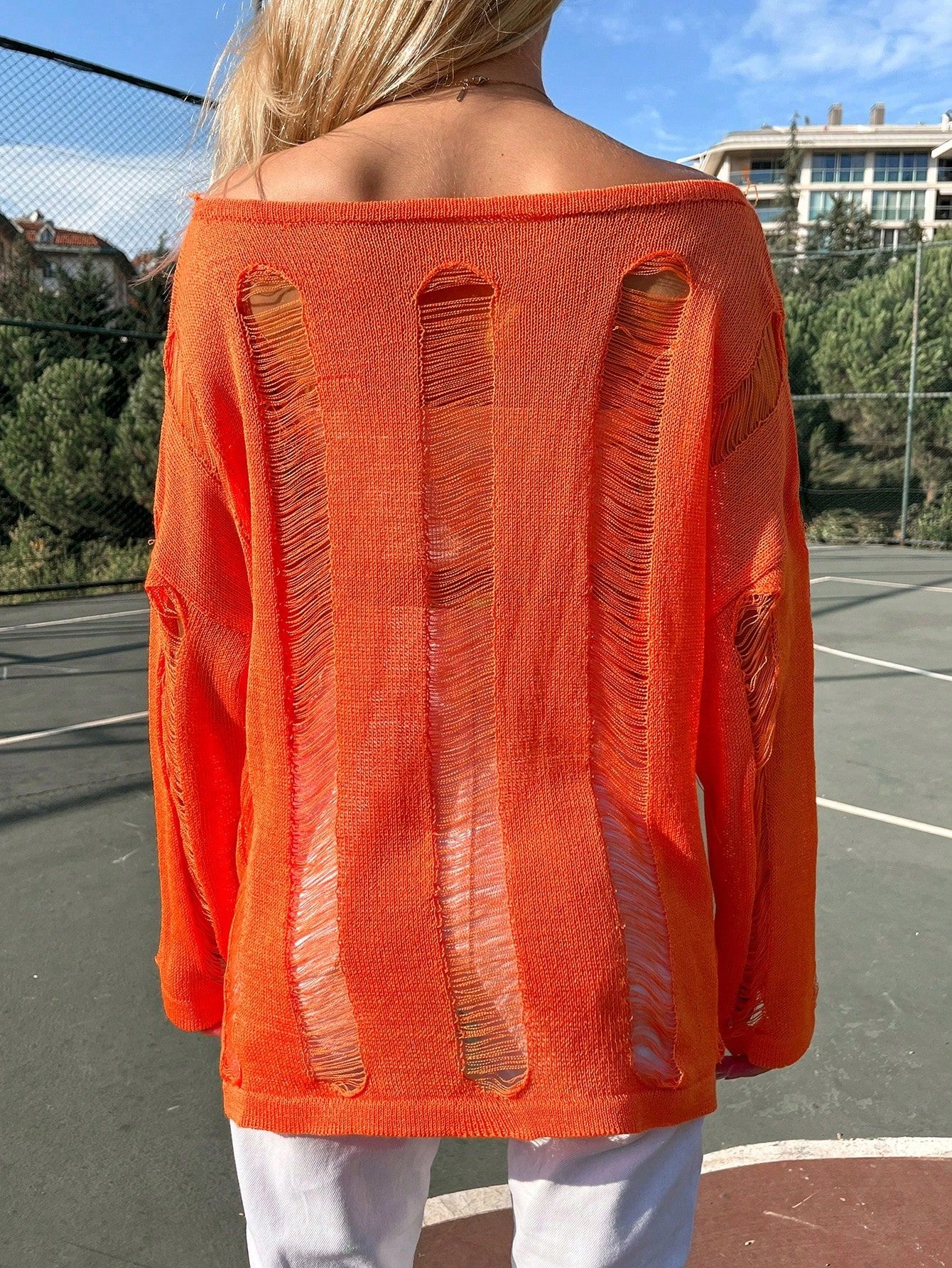 Sweterek Podarty Poszarpany Luźny Pomarańczowy Casual Shein S 36