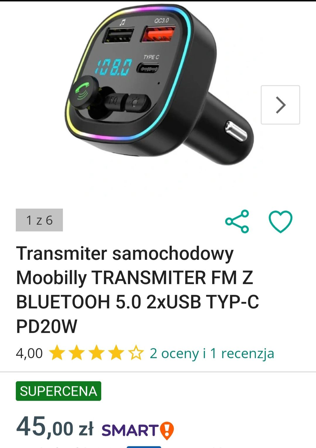 Transmiter samochodowy 2xUSB typC