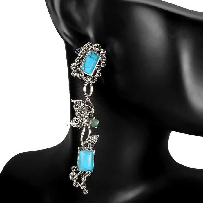 Серебряные серьги 925 пробы с бирюзой и изумрудом