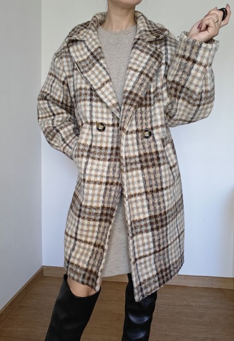 Płaszcz italy wełniany wełna oversize krata jesienny zimowy ciepły