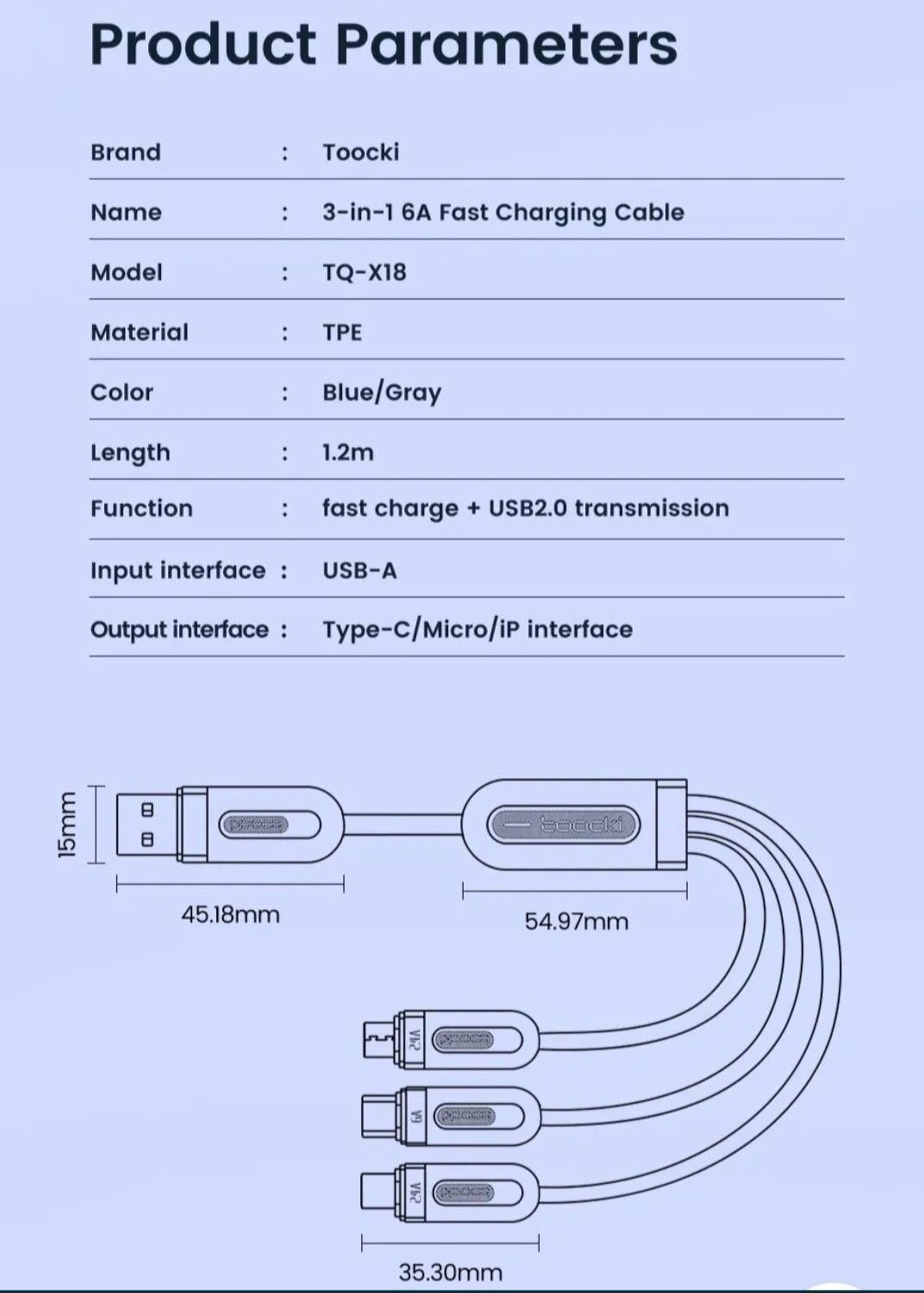 Кабель для швидкого заряджання 124W 3in1 USB// Type-C/Micro USB/IPhone