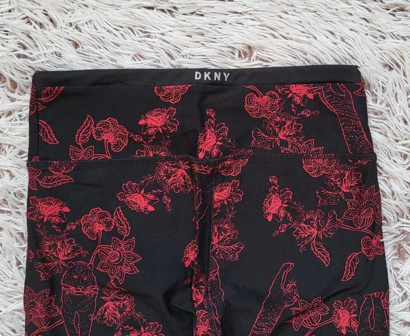 Czarne legginsy sportowe fitness w tygrysy i kwiaty DKNY