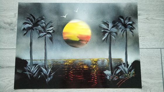 Картина А3 Пальмы, пляж, луна, закат. Написана баллончиками SPRAY ART