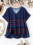 T-Shirt W Paski Luźny Z Dekoltem V Granatowy Casual Shein Xxl 44