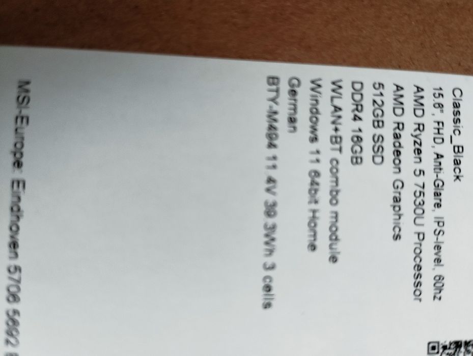 Laptop MSI Modern 15,6 AMD Ryzen 5 7530U 16GB 512GB SSD NOWY B7M-284