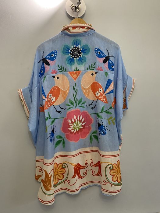 Lniana koszula folk boho kolorowa wzory oversize wiosna lato szeroka