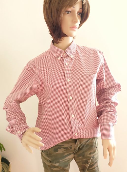 Koszula unisex w biało-bordową drobną kratkę Uniqlo 100% bawełna