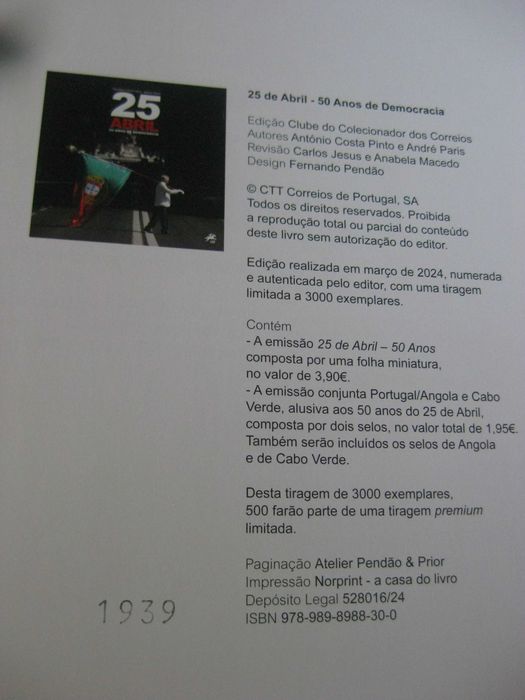 25 de Abril - 50 Anos de Democracia, Edição CTT Numerada nº 1939