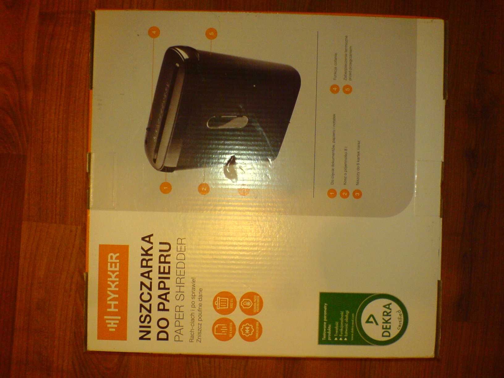 Niszczarka Papieru Hykker do 6 kartek naraz kosz 8l zabezp. term. NOWA