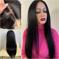 Женский натуральный волос чёрный длинный парик с имитацией кожи головы