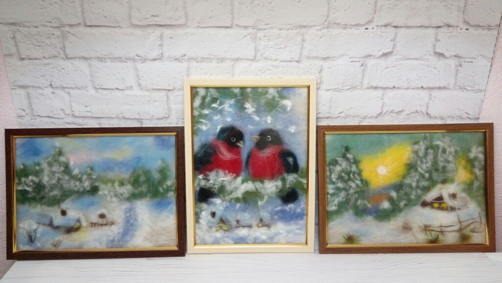 Картина из шерсти. Зимний пейзаж. Подарок на Новый год. Снегири